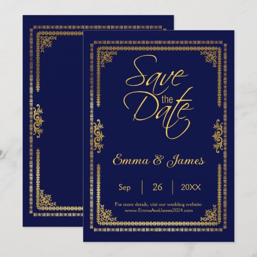 Elegante Navyblauwe en Gouden Lijst Trouwdag Save The Date (Voorkant / Achterkant)