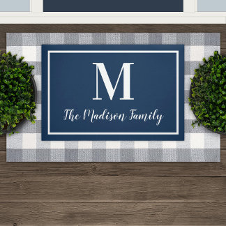 Elegante Navyblauwe Monogram Familienaam Deurmat