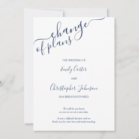 Elegante Navyblauwe Script Wijziging van Plannen K Save The Date (Voorkant)