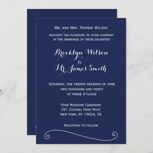 Elegante Navyblauwe Trouwuitnodigingen Kaart (Voorkant / Achterkant)