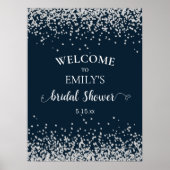Elegante Navyblauwe Zilveren Confetti Bruidsdouche Poster (Voorkant)