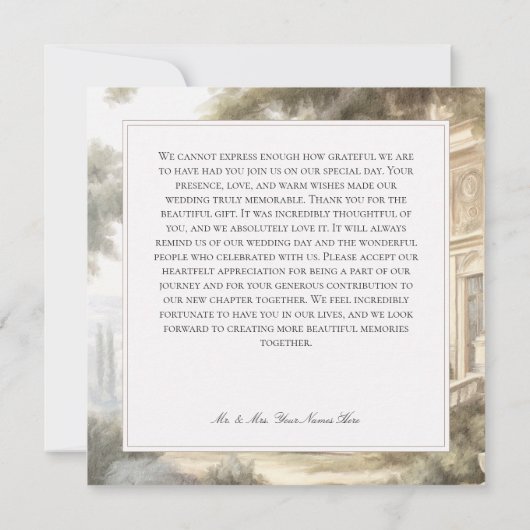 Elegante neoklassieke scènes bruiloft bedankkaart (Achterkant)