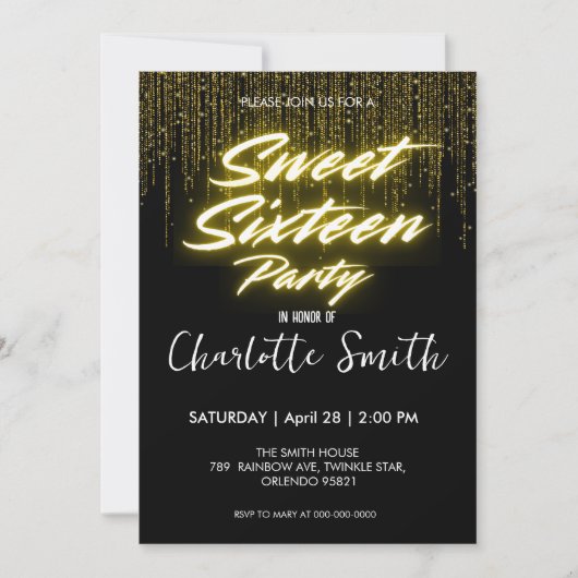 Elegante neon Gold Black retro Sweet 16th Birthday Bedankkaart (Voorkant)