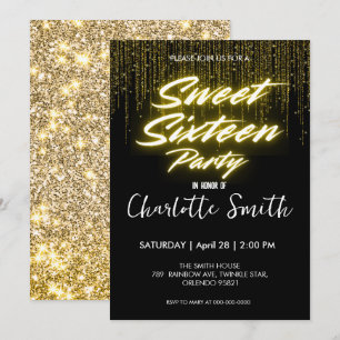 Elegante neon Gold Black retro Sweet 16th Birthday Bedankkaart