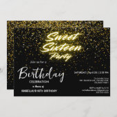 Elegante neon Gold Black retro Sweet 16th Birthday Kaart (Voorkant / Achterkant)