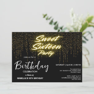 Elegante neon Gold Black retro Sweet 16th Birthday Kaart