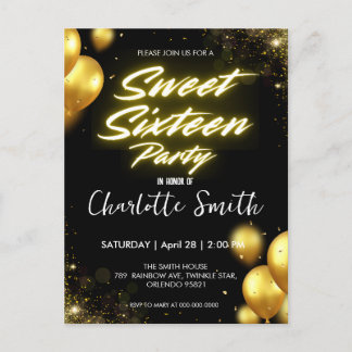 Elegante neon gouden ballon retro Sweet 16de verja Briefkaart