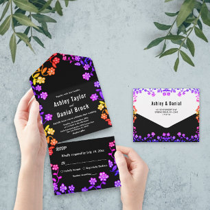 Elegante neon kleuren Rozen Modern Floral Wedding All In One Uitnodiging
