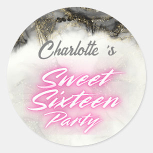 Elegante neon Pink Black Retro Sweet 16e verjaarda Ronde Sticker