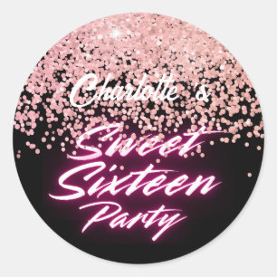 Elegante neon Pink Black Retro Sweet 16e verjaarda Ronde Sticker