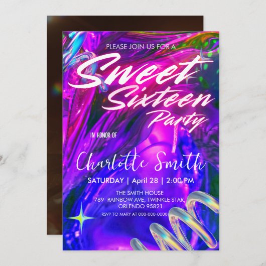 Elegante neon roze retro Gold Sweet 16th Birthday Kaart (Voorkant / Achterkant)