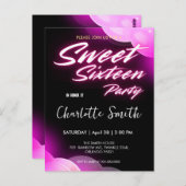 Elegante neon roze retro zwart Sweet 16th Birthday Briefkaart (Voorkant / Achterkant)