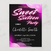 Elegante neon roze retro zwart Sweet 16th Birthday Briefkaart (Voorkant)