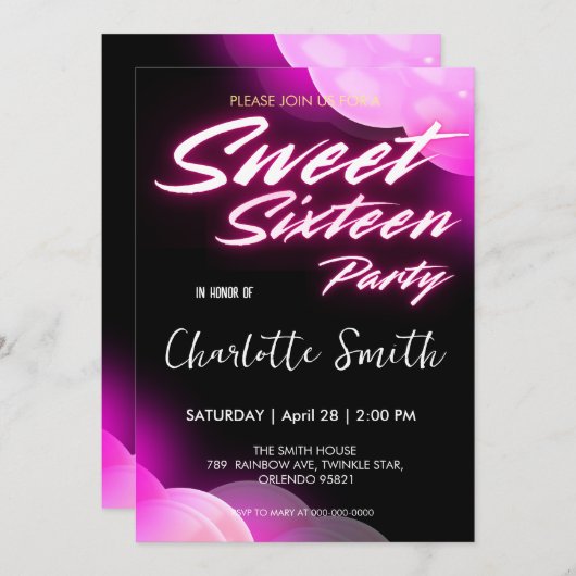 Elegante neon roze retro zwart Sweet 16th Birthday Kaart (Voorkant / Achterkant)