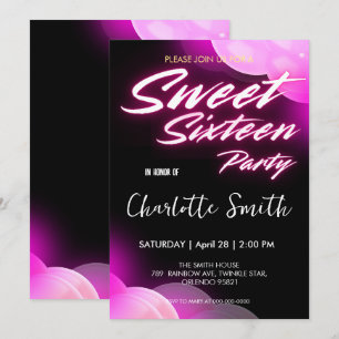Elegante neon roze retro zwart Sweet 16th Birthday Kaart