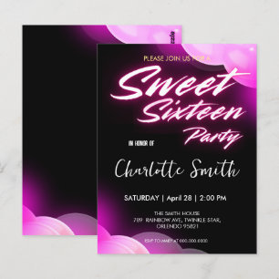 Elegante neon roze retro zwarte Sweet 16th Verjaar Briefkaart