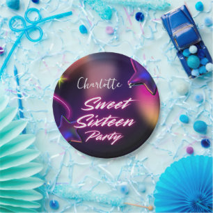 Elegante neon Roze Zwart retro Sweet 16th Birthday Papieren Bordje