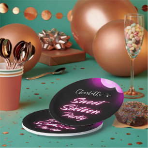 Elegante neon Roze Zwart retro Sweet 16th Birthday Papieren Bordje