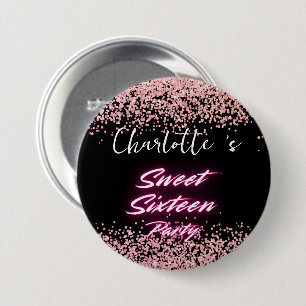 Elegante neon Roze Zwart retro Sweet 16th Birthday Ronde Button 7,6 Cm
