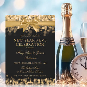Elegante New Years Eve Gold Shimmer Lights Bow Kaart