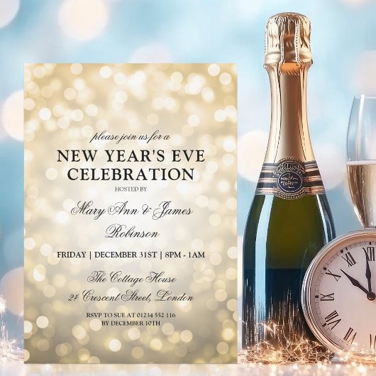 Elegante New Years Eve Party Gold Bokeh Lights Kaart