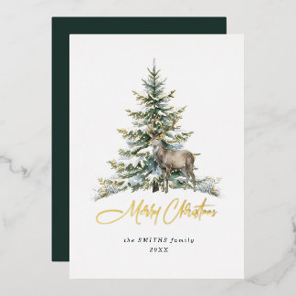 Elegante Niet-Foto Watercolor Kerstboom Herten Folie Feestdagenkaart