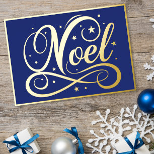 Elegante Noel Script Blauwe Gouden Kerstmis Folie Feestdagenkaart