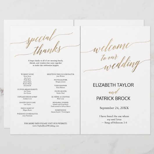 Élégante Noir Or Calligraphie pliée Programme comp (Devant / Derrière)