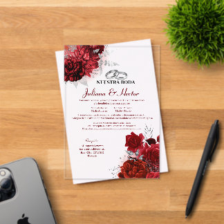 Elegante Nuestra Boda Rode Bloemige Bruiloft Acryl Uitnodigingen