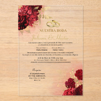 Elegante Nuestra Boda Rode Bloemige Trouwkaart Acryl Uitnodigingen