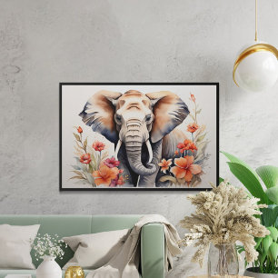 Elegante Olifant & Bloemen Waterverf Kunst Poster