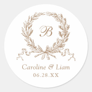 Elegante olijf eiken krans gouden trouw monogram ronde sticker
