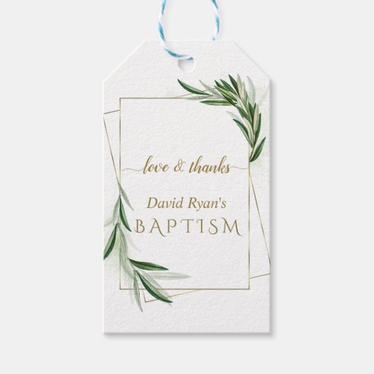 Elegante olijfbladeren Gouden Jongensdoop    Cadeaulabel (Voorkant)