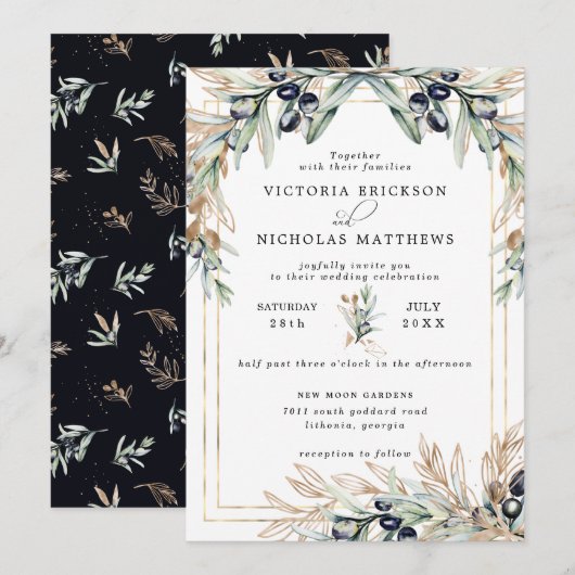 Elegante olijfgaard | Boho botanische uitnodiging (Voorkant / Achterkant)