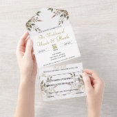 Elegante Olijfgroen & Witte Bloemen Hoek Trouwen All In One Uitnodiging (Afscheurbaar)