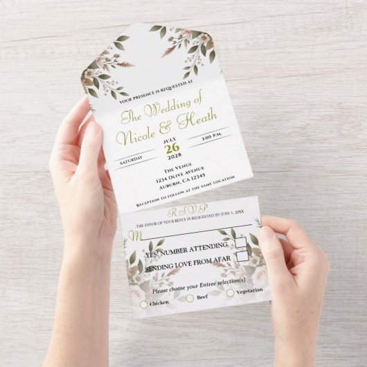 Elegante Olijfgroen & Witte Bloemen Hoek Trouwen All In One Uitnodiging (Afscheurbaar)