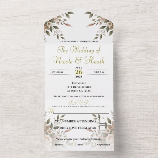 Elegante Olijfgroen & Witte Bloemen Hoek Trouwen All In One Uitnodiging (Binnen)