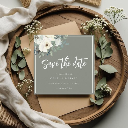 Elegante Olijfgroene Bloemen Save The Date