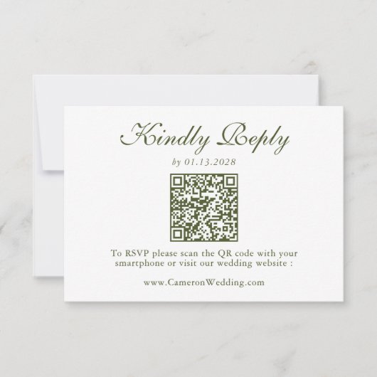 Elegante olijfgroene bloemencode QR Code bruiloft RSVP Kaartje (Voorkant)