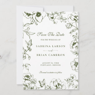 Elegante olijfgroene bloemige tuin save the date kaart
