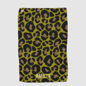 Elegante olijfgroene en zwarte luipaard Monogram Golfhanddoek (Voorkant)