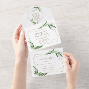 Elegante olijfgroene goud bruiloft alles-in-één in all in one uitnodiging