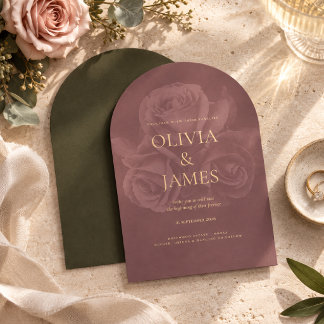 Elegante olijfgroene & mauve bloemige trouw kaart