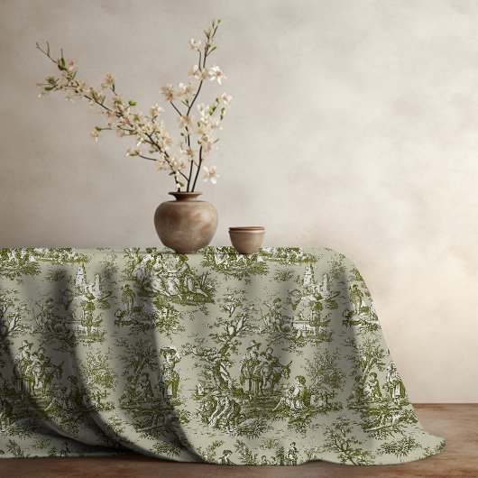 Elegante  olijfgroene toile de jouy bedrukt tafelkleed