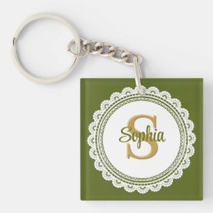 Elegante olijfgroene vintage kant monogram naam sleutelhanger