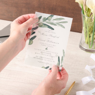 Elegante Olijftak Tak Groene Huwelijk Vellum Uitnodigingen