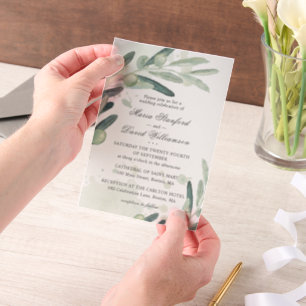 Elegante Olijftak Tak Groene Huwelijksdecoratie Vellum Uitnodigingen