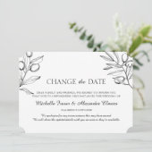 Elegante olijftakken. Zwart wit Bruiloft veranderi Save The Date (Staand voorkant)