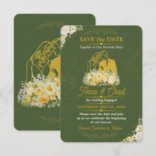 Élégante Olive Botanique Engagement Save The Date (Devant / Derrière)