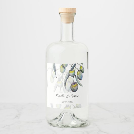 Elegante Olive Branch Waterverf gepersonaliseerd Likeurfles Etiket (Voorkant)